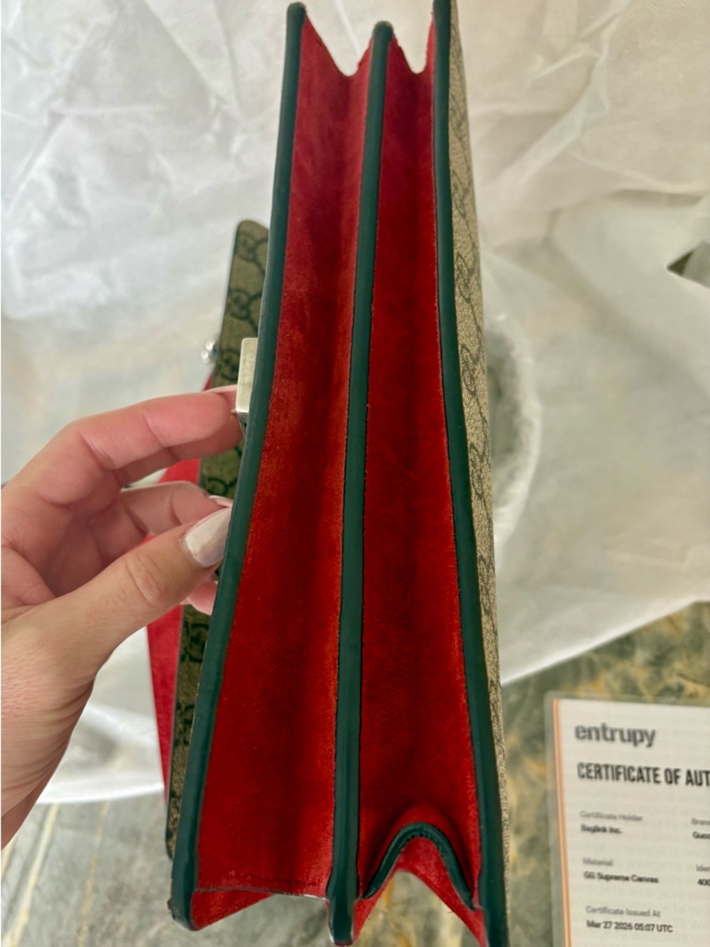CERTIFIED GUCCI Dionysus Beige GG Supreme Canvas Shoulder Bag Red Suede Stripe ! - Picture 12 of 15